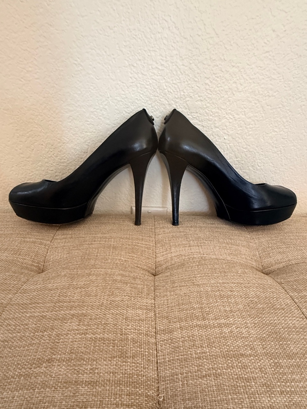 Stuart Weitzman Black Leather Peep-Toe Platform Stilettos - Picture 4 of 6